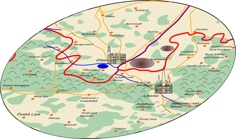 Lignite mining in the Zittau area: Active mines - brown, Olbersdorfer See - blue