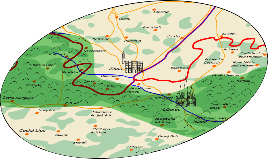 Distribution of (mostly forested) mountain ranges in the Zittau area